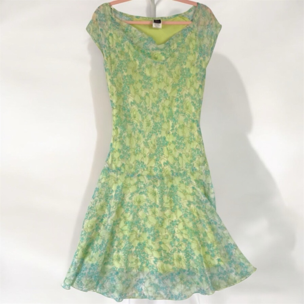 VTG Wrapper Fairycore Green Dress Medium Y2K Floral Metalic Details Sheer chifon